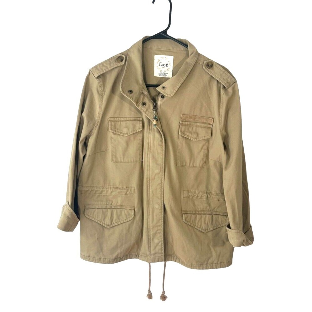 Izod Women's 3/4 Sleeve Khaki Full Zip Jacket Pockets XL Drawstring Hem